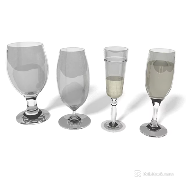 Different Types of Wine Glasses Including Empty and Filled Champagne Flute on 3d model 