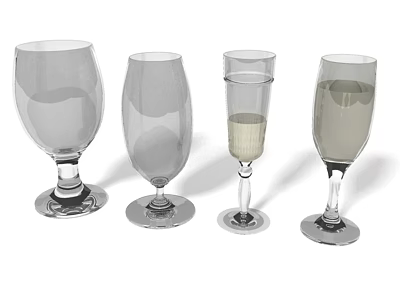 Different Types of Wine Glasses Including Empty and Filled Champagne Flute on 3d model