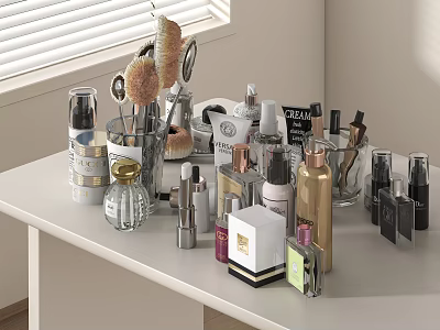 Variety Of Perfumes Cosmetics And Makeup Tools On Vanity Table 3d model