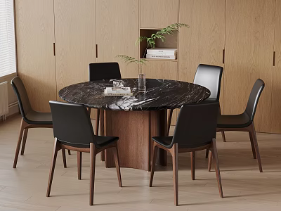 Modern Dining Room With Round Marble Table Black Chairs And Wooden Walls 3d model