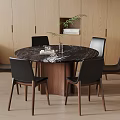 Modern Dining Room With Round Marble Table Black Chairs And Wooden Walls