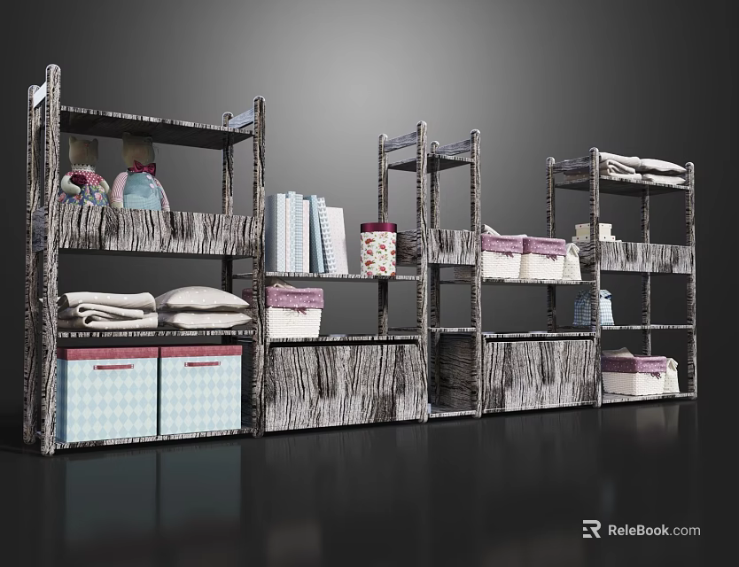 Practical Multi tiered Storage Shelving Unit With Folded Linens Books And Storage Baskets 3d model 