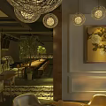 Modern Restaurant Interior With Wooden Panels Pendant Lights Dining Tables Chairs And Mirror