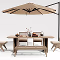 Wooden Outdoor Table With Umbrella Chairs Bench And Stylish Tabletop Decorations