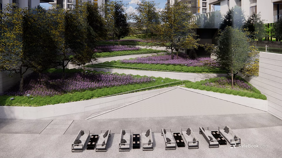 Tranquil Residential Landscape Design With Lush Greenery Pathways Flower Beds And Trees 3d model 