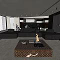 Modern Living Dining Room Interior With Black Sofa Wooden Coffee Table And Pendant Lights