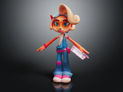 Anthropomorphic Cartoon Character Creature With Curly Hair Blue Overalls Pink Shoes And Holding Tag 3d model