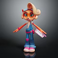 Anthropomorphic Cartoon Character Creature With Curly Hair Blue Overalls Pink Shoes And Holding Tag