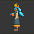 3D Cartoon Game Character With Blue Hair Yellow Cat Ear Hat Blue Dress White Cross