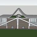 Modern Architectural Building With Unique Curved Roof And Glass Windows On Green Lawn