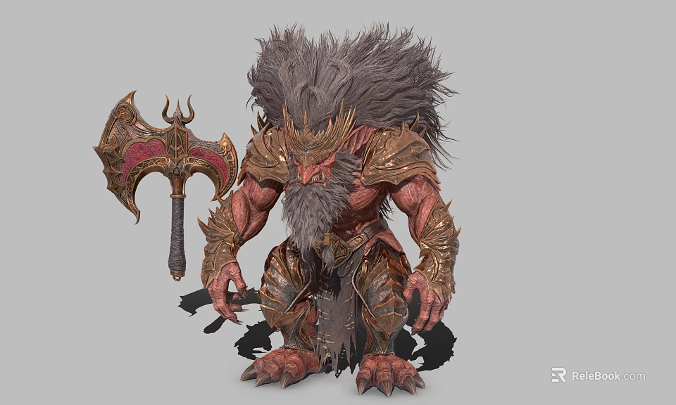 Red Skinned Gray Maned Armored Warrior Creature Wielding Large Battle Axe 3d model