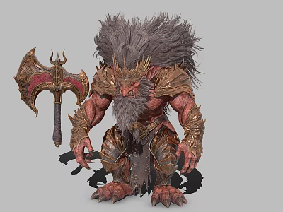 Red Skinned Gray Maned Armored Warrior Creature Wielding Large Battle Axe 3d model