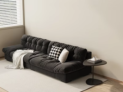 Black Velvet Double Sofa With Checkered Pillow White Blanket And Side Table On Light Wall 3d model
