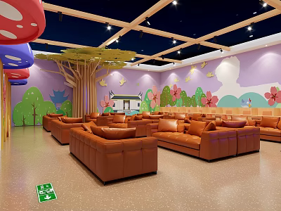 Kids Activity Room Interior With Brown Sofas Colorful Murals Flowers Butterflies Trees And Mushroom Decorations 3d model