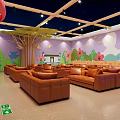 Kids Activity Room Interior With Brown Sofas Colorful Murals Flowers Butterflies Trees And Mushroom Decorations