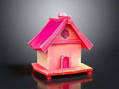 Pink Miniature House Model With Sloped Roof Red Door And Chimney 3d model