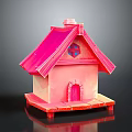 Pink Miniature House Model With Sloped Roof Red Door And Chimney