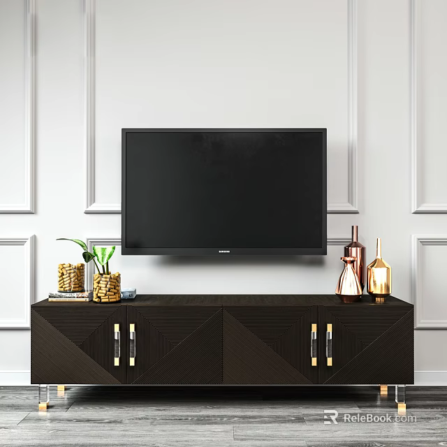 Dark Wood TV Stand with Gold Handles and Decorative Items Under Wall Mounted TV 3d model 