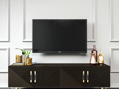 Dark Wood TV Stand with Gold Handles and Decorative Items Under Wall Mounted TV 3d model