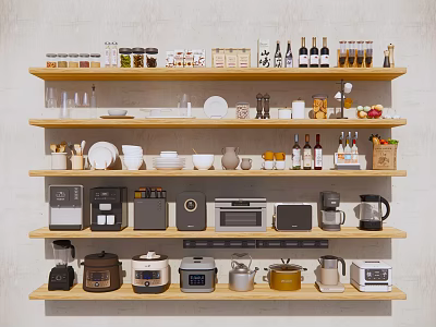 Tableware Collection Display on Wooden Kitchen Shelves with Appliances Jars Cups and Bowls 3d model