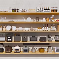 Tableware Collection Display on Wooden Kitchen Shelves with Appliances Jars Cups and Bowls