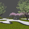Park Landscape With Green Lawns Winding Paths Pink Flowering Trees And Serene Water Features