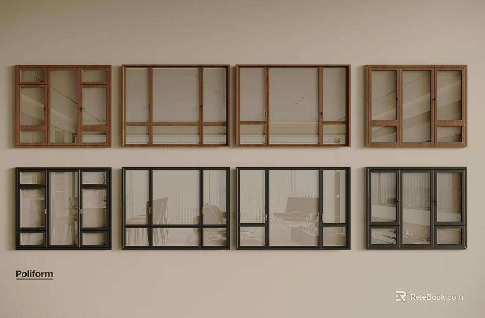 Sleek Modern Casement Windows Collection With Wooden And Black Frames 3d model 