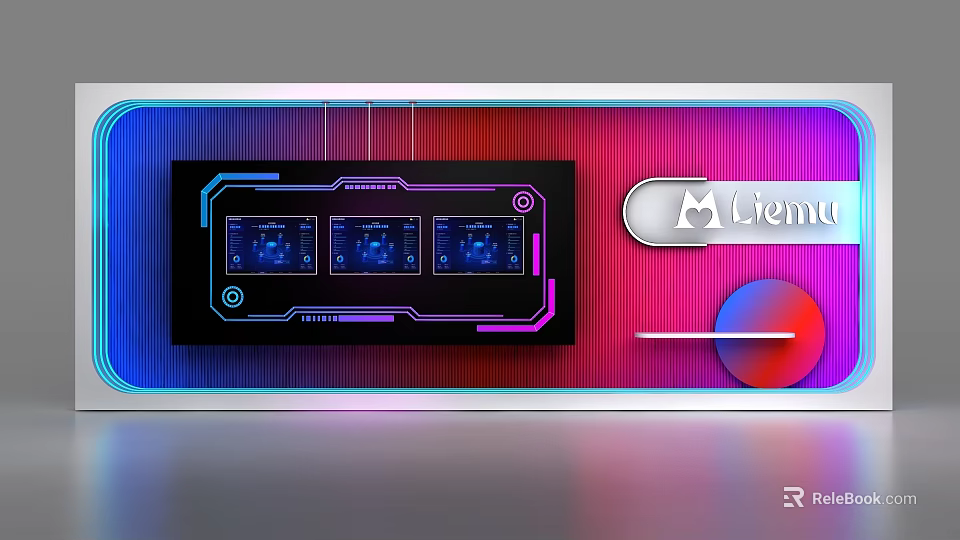 Modern Display Shelf With Neon Color Accents Digital Screens And Lientu Logo Design 3d model 