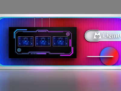 Modern Display Shelf With Neon Color Accents Digital Screens And Lientu Logo Design 3d model