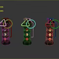 Three Colorful Grenades With Green Blue Red Circular Patterns And Metal Design