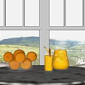 Glass Pitcher With Orange Drink And Bowl Of Oranges By Window Gray Curtains