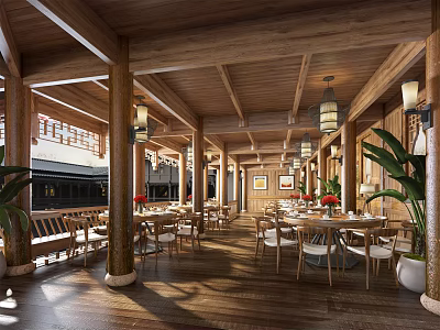 Traditional Wooden Restaurant Interior With Pillars Hanging Lanterns Tables Chairs Green Plants Window Views 3d model