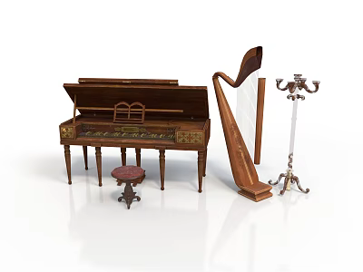 Vintage Decorative Home Living Items With Harpsichord Harp Candelabra And Stool 3d model