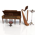 Vintage Decorative Home Living Items With Harpsichord Harp Candelabra And Stool
