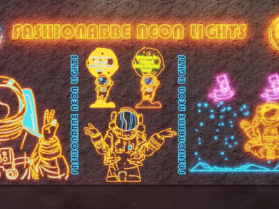 Fashionable Neon Decorative Lights With Astronaut Planet And Spaceship Patterns 3d model