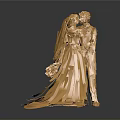 Elegant Golden Bride And Groom Sculpture With Flowing Metallic Dress And Bouquet