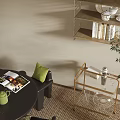 Modern Dining Table Set With Green Plants Hanging Pendant Light And Metal Shelf