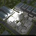 Multiple Industrial Warehouses With Green Landscaping Road Network And Sunset Sky