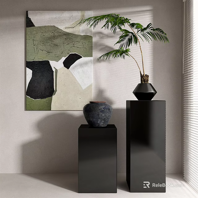 Palm Bonsai Plant On Black Pedestal With Abstract Painting Light Wall And Blinds 3d model 