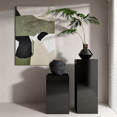 Palm Bonsai Plant On Black Pedestal With Abstract Painting Light Wall And Blinds 3d model