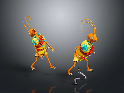 Orange Cartoon Grasshopper Characters With Long Antennae And Colorful Decorations Dancing On Gray Background 3d model