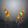 Orange Cartoon Grasshopper Characters With Long Antennae And Colorful Decorations Dancing On Gray Background