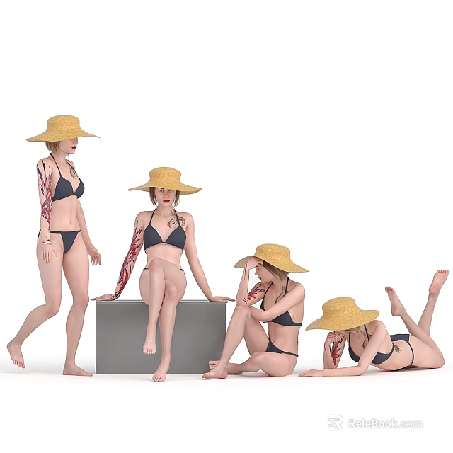 Reptile Skin Pattern Tattoos on Women in Black Bikinis with Straw Hats and Various Poses Against White Background 3d model 