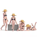 Reptile Skin Pattern Tattoos on Women in Black Bikinis with Straw Hats and Various Poses Against White Background