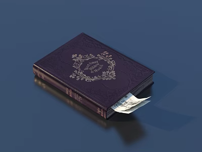 Vintage Book with Dark Purple Cover and Golden Floral Pattern Featuring Banknotes Inside 3d model