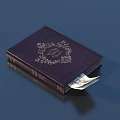 Vintage Book with Dark Purple Cover and Golden Floral Pattern Featuring Banknotes Inside
