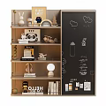 Stylish Bookcase With Plush Toys Books Toy Airplane And Chalkboard Panel On Shelves