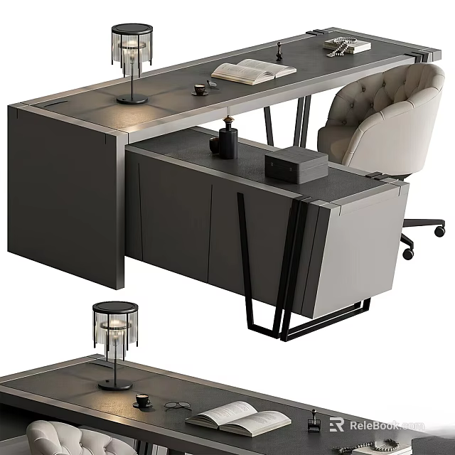 Modern Office Desk With Sleek Black Surface Desk Lamp Open Book And Upholstered Chair 3d model 