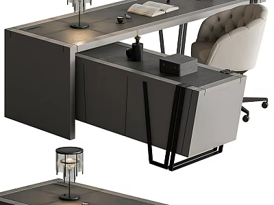 Modern Office Desk With Sleek Black Surface Desk Lamp Open Book And Upholstered Chair 3d model