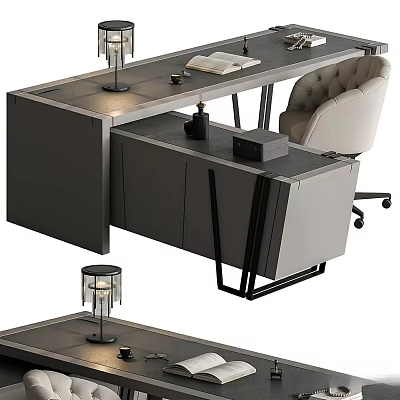 Modern Office Desk With Sleek Black Surface Desk Lamp Open Book And Upholstered Chair 3d model